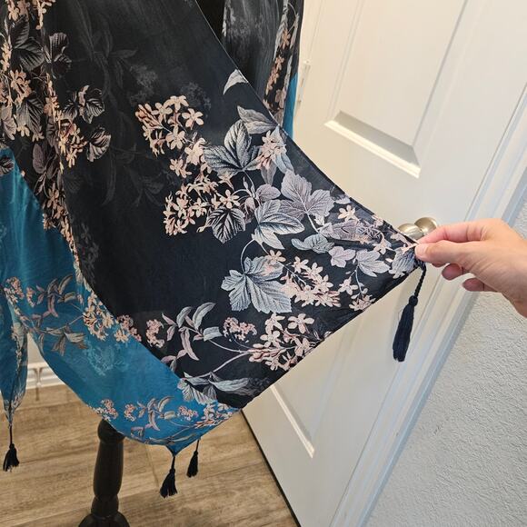 Kachel Anthropologie Jamie Kimono One Size Blue Floral Tassel Boho Resort Duster - Picture 4 of 14